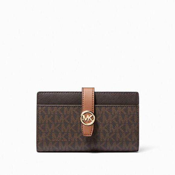New Michael Kors Greenwich Medium Signature Logo Wallet Brown Multi - Picture 1 of 3